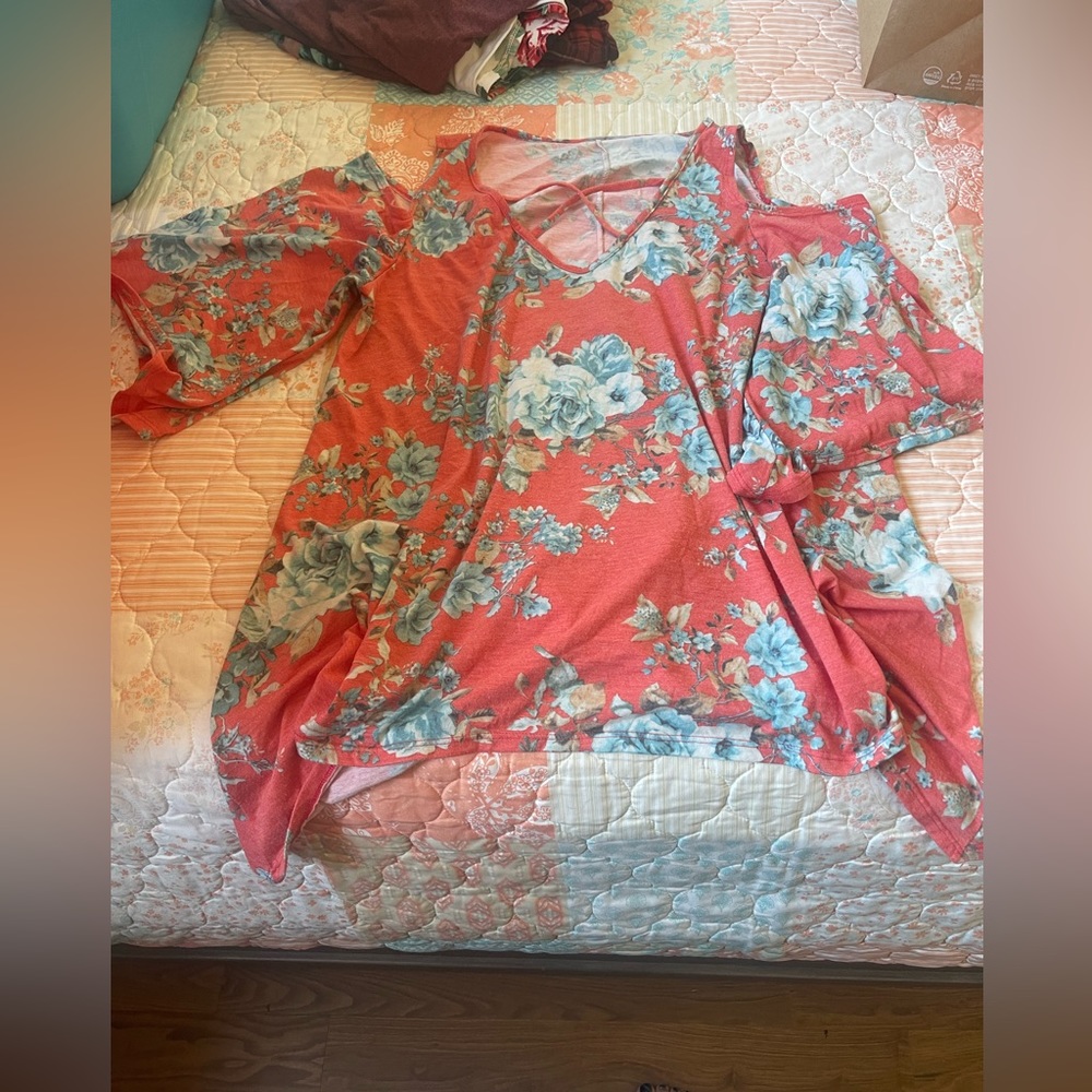 2 for $20 Orange floral boutique shark bite cold shoulder top